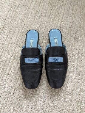 Prada women’s Black Leather Slip-On Loafers, 36.5
